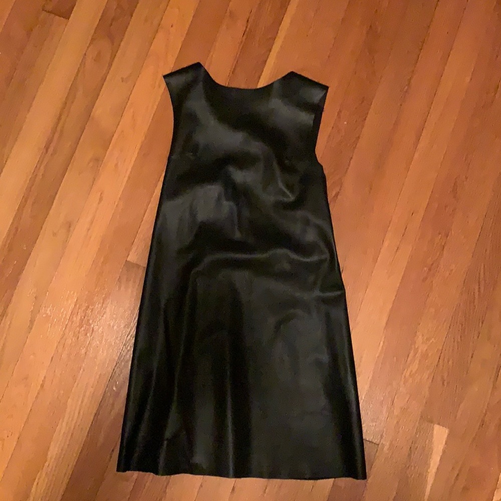 Little black leather dress with ribbon lace up back